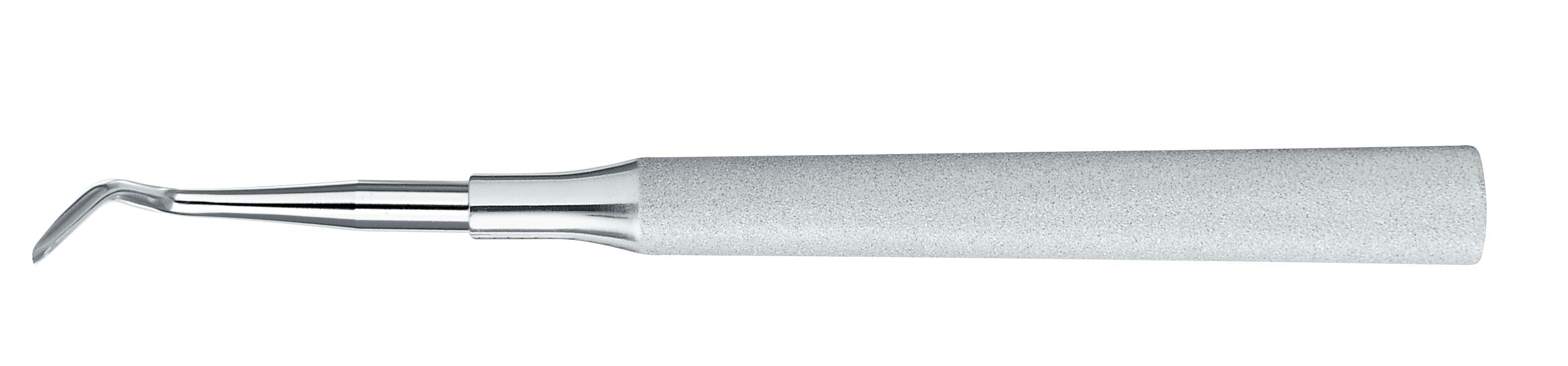 Hu-Friedy Hoexter Mesial Distal Luxating Elevators by Hu-Friedy feature a metallic body with a textured cylindrical handle and curved, pointed tip, designed for atraumatic tooth extraction or ridge preservation in dental procedures.