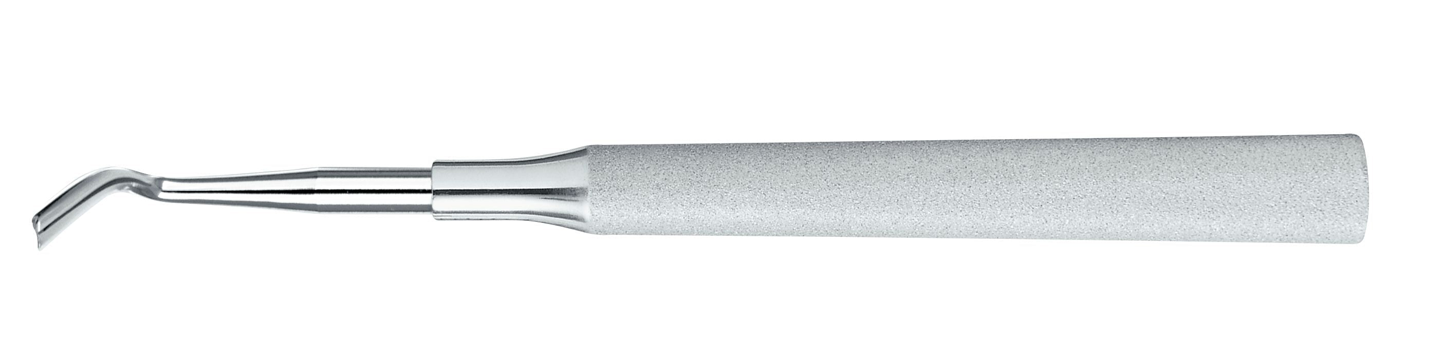 The Hu-Friedy Hoexter Mesial Distal Luxating Elevator features a metallic, textured handle and an angled, flat-tip blade for atraumatic tooth extraction or loosening teeth to aid in ridge preservation.