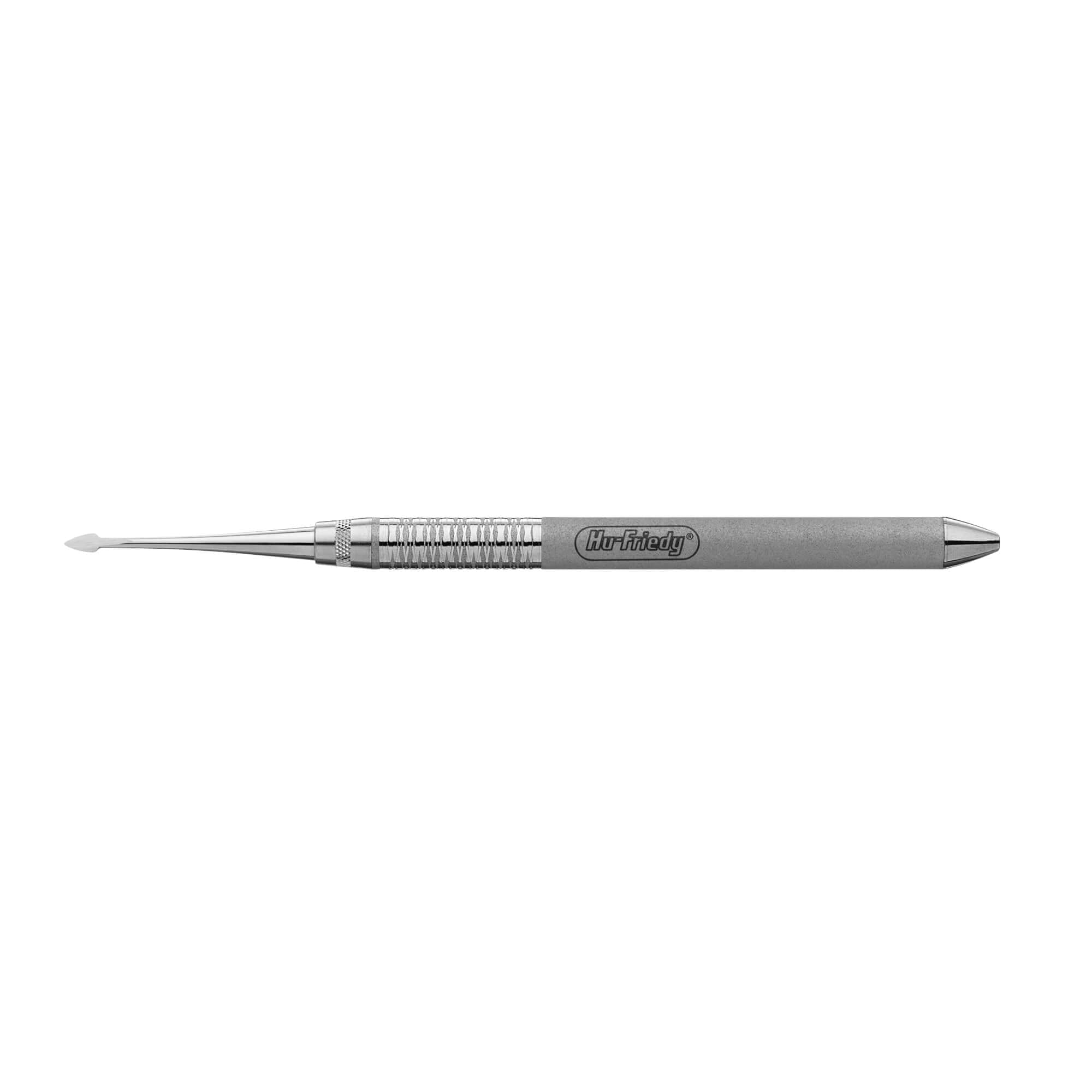 A metallic Hu-Friedy Luxating Hybrid Elevator with a textured grip, tapered pointed tip, and "tonfidelity" engraved on the handle is shown on a white background.