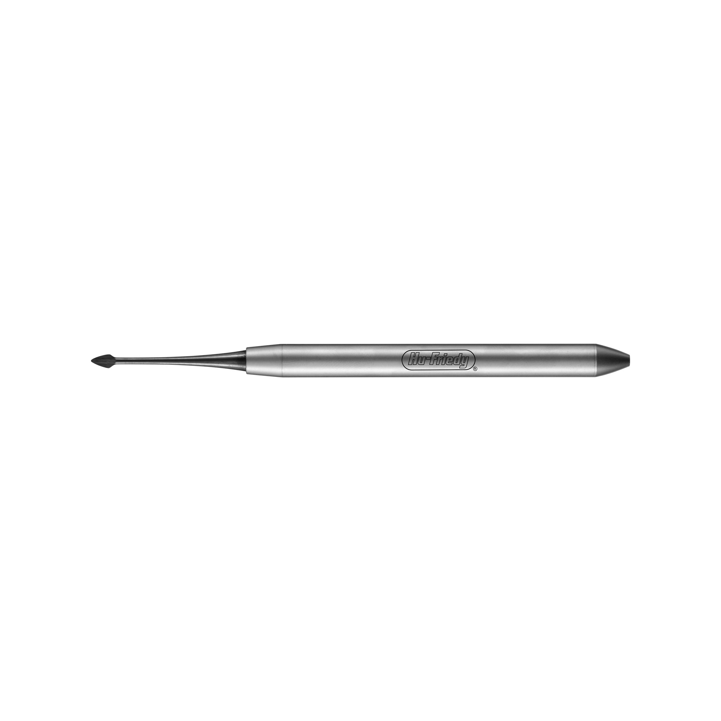 Hu-Friedy Luxating Hybrid Elevators, double-ended dental instruments with stainless steel handles, are ideal for atraumatic extractions. One pointed end severs periodontal ligaments; the right-side tip is tapered. Shown on a white background.