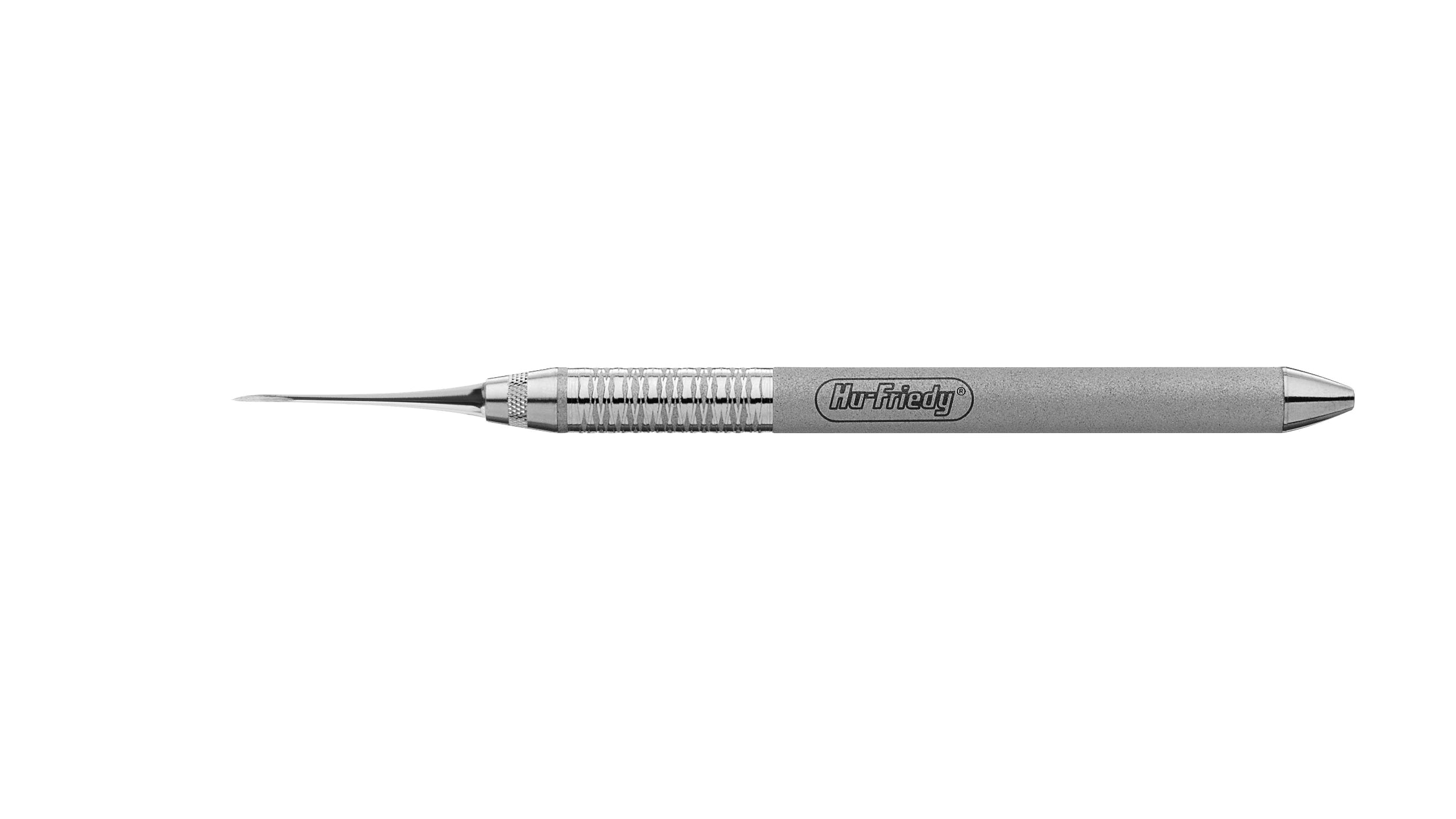 The Hu-Friedy West Apical Root Tip Picks are stainless steel dental instruments with a textured grip and fine, angled tip, designed for procedures like apical root tip removal. The handle features the engraved Hu-Friedy brand name.