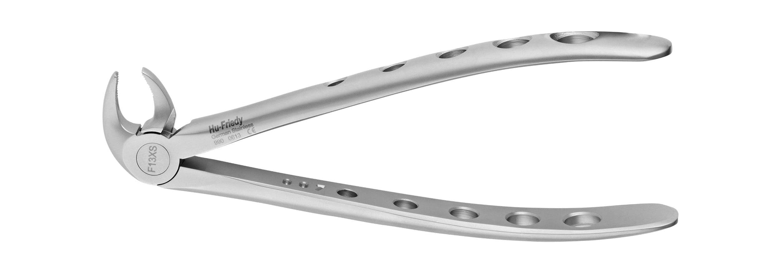 The Hu-Friedy Atraumair Extraction Forceps – Lower Arch, made of stainless steel with a curved handle and grip holes, is designed for lower mandibular extractions and shown against a white background.