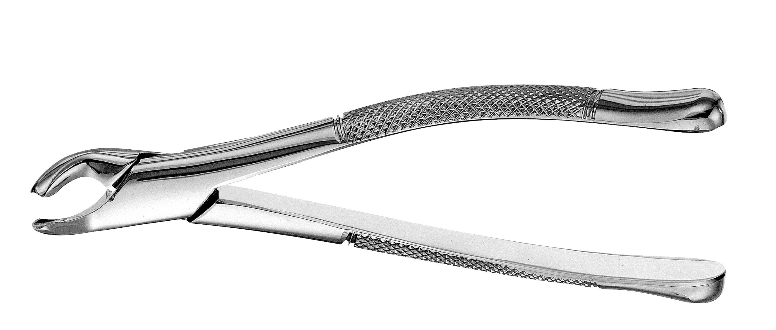 The Hu-Friedy Presidential Extraction Forceps - American Style, a shiny metal instrument with textured non-slip handles, lies open on a white background.