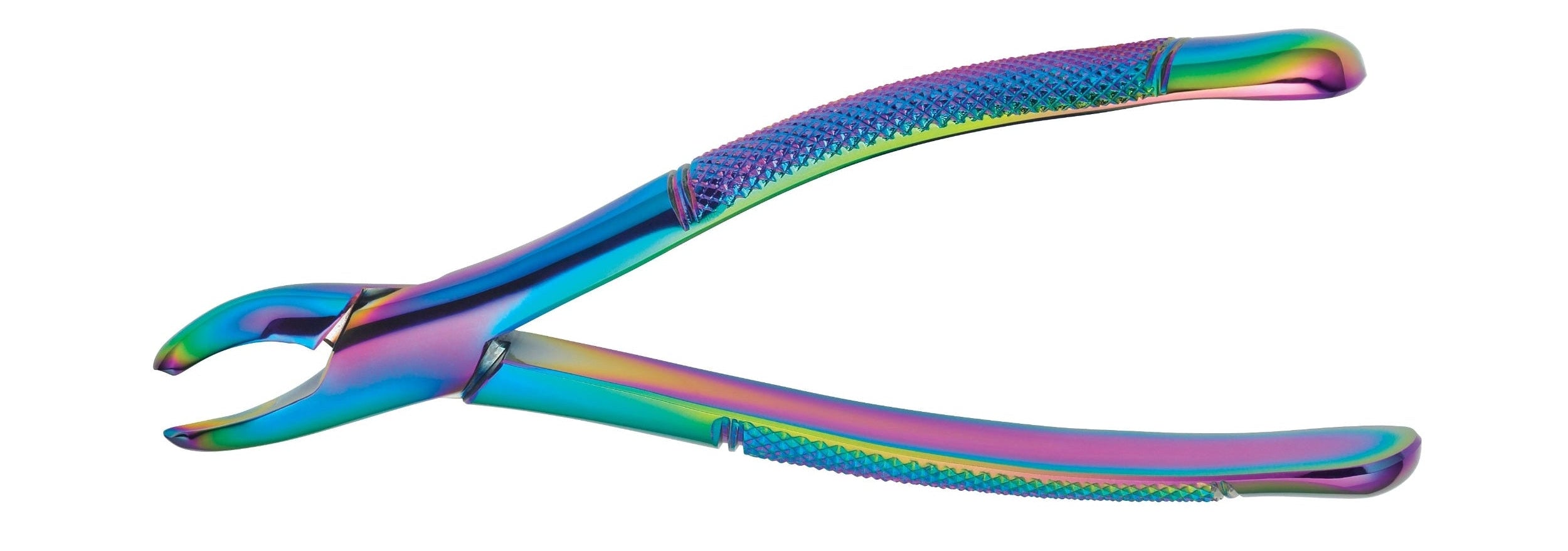 The Hu-Friedy Presidential Pediatric Extraction Forceps by Hu-Friedy, with a metallic rainbow finish and textured grip handles, is ideal for primary tooth extraction and is pictured open on a white background.