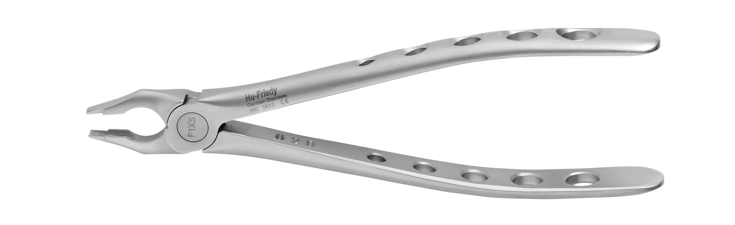 The Hu-Friedy Atraumair Extraction Forceps – Lower Arch by Hu-Friedy, made of stainless steel with a curved handle and round cut-out holes, features a beak-shaped tip for lower tooth extraction, shown isolated on a white background.