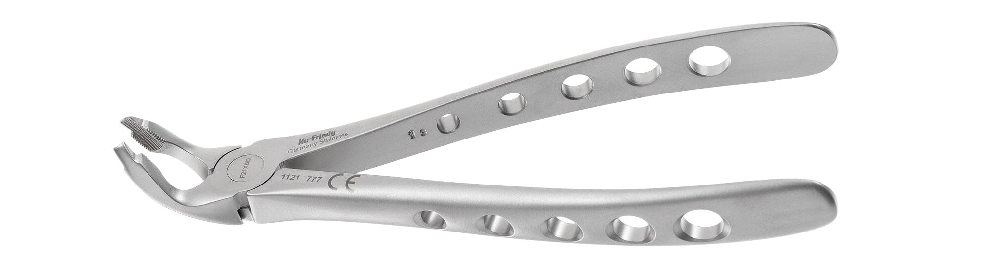The Hu-Friedy Atraumair Diamond Dusted Atraumatic Extraction Forceps by Hu-Friedy, featuring stainless steel with handle holes for atraumatic tooth removal, is displayed against a white background.