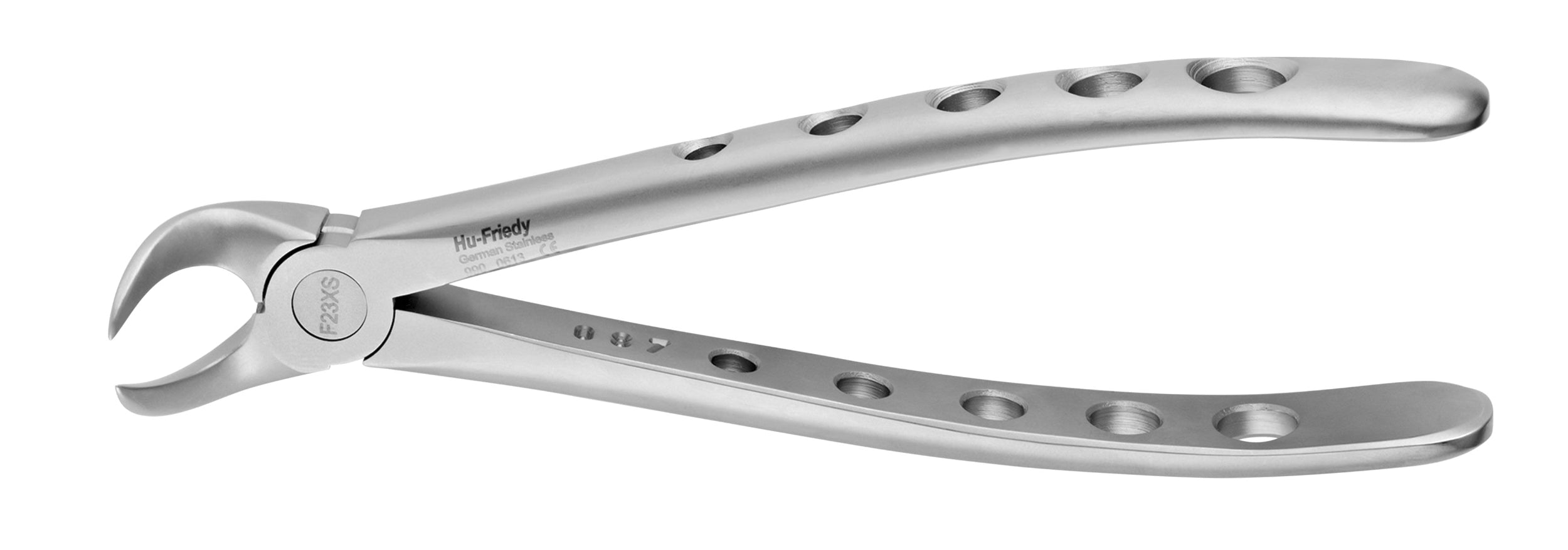 Hu-Friedy Atraumair Extraction Forceps – Lower Arch, made from stainless steel with curved beaks and perforated handles, are ideal for lower extractions. Shown on a white background.