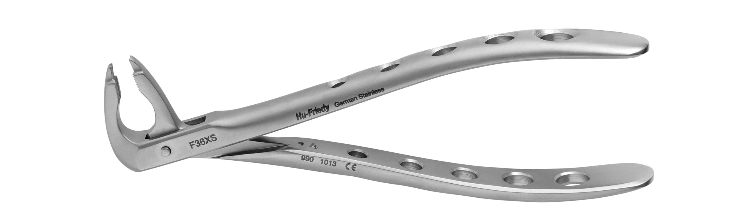A Hu-Friedy Atraumair Extraction Forceps – Lower Arch, featuring curved, serrated jaws and perforated handles for lower extractions, rests on a white surface.
