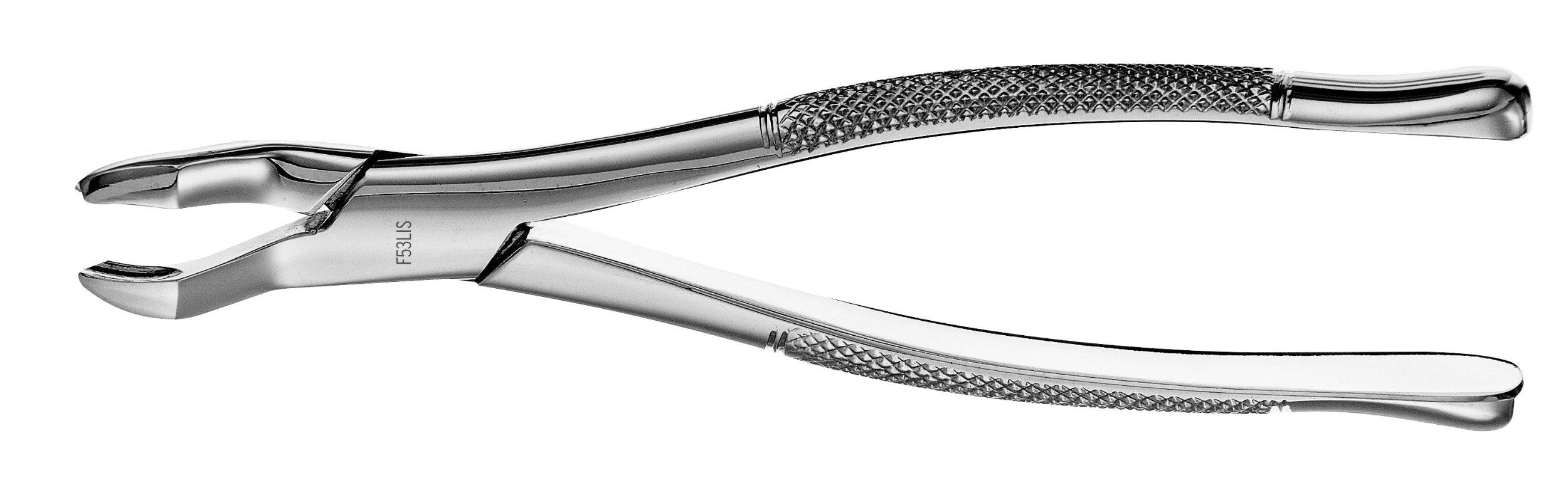 The Hu-Friedy Premium Atlas Extraction Forceps - Standard Beaks, made of surgical stainless steel with textured handles and a curved tip for precise tooth extraction, is shown against a plain white background.