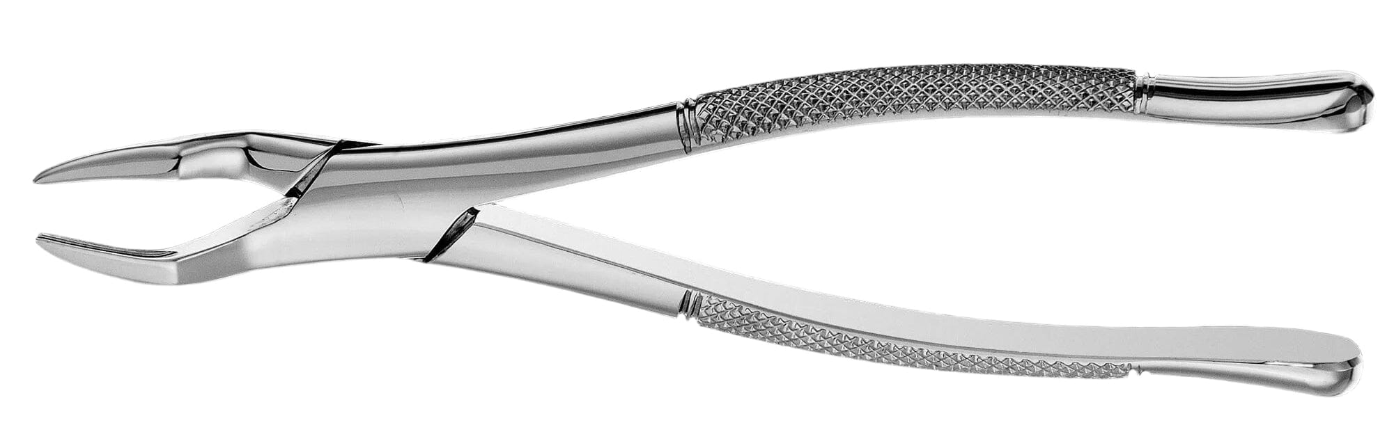 The Hu-Friedy Presidential Roots Forceps by Hu-Friedy are surgical-grade stainless steel extraction forceps with textured handles, designed for secure gripping and effective root tip removal during dental procedures.
