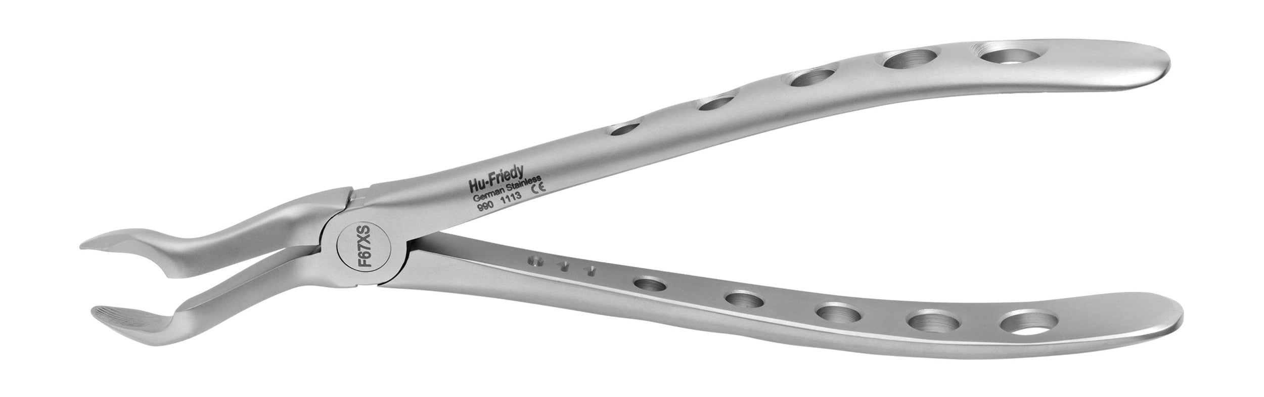 The Hu-Friedy Atraumair Extraction Forceps – Upper Arch, by Hu-Friedy, features stainless steel construction, curved serrated tips, and a perforated handle for grip and lightness—ideal for atraumatic upper tooth extractions. Shown on a white background.
