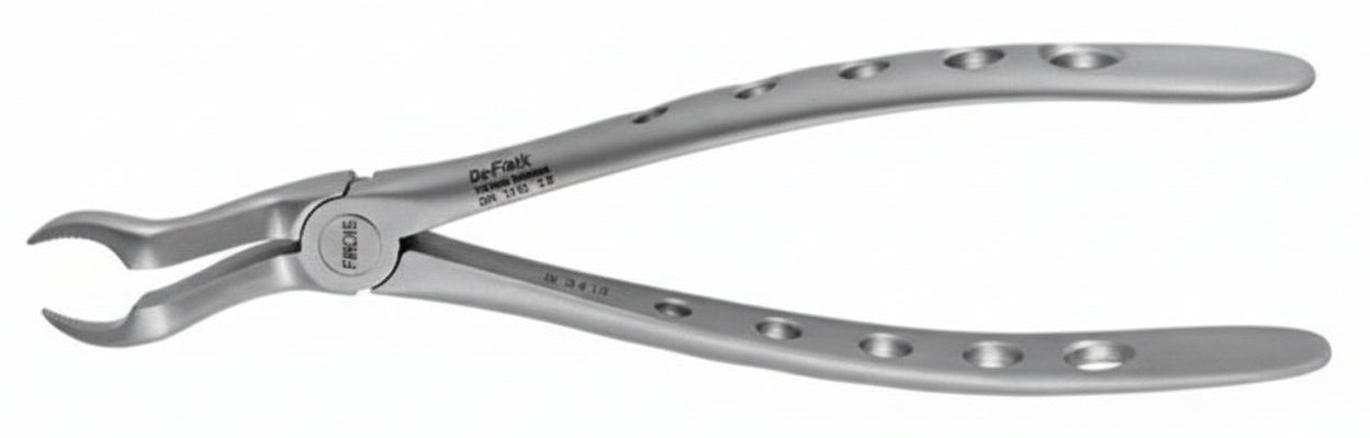 The Hu-Friedy Atraumair Extraction Forceps – Upper Arch are stainless steel forceps with curved, notched jaws and perforated handles, designed for atraumatic and efficient upper tooth extractions.