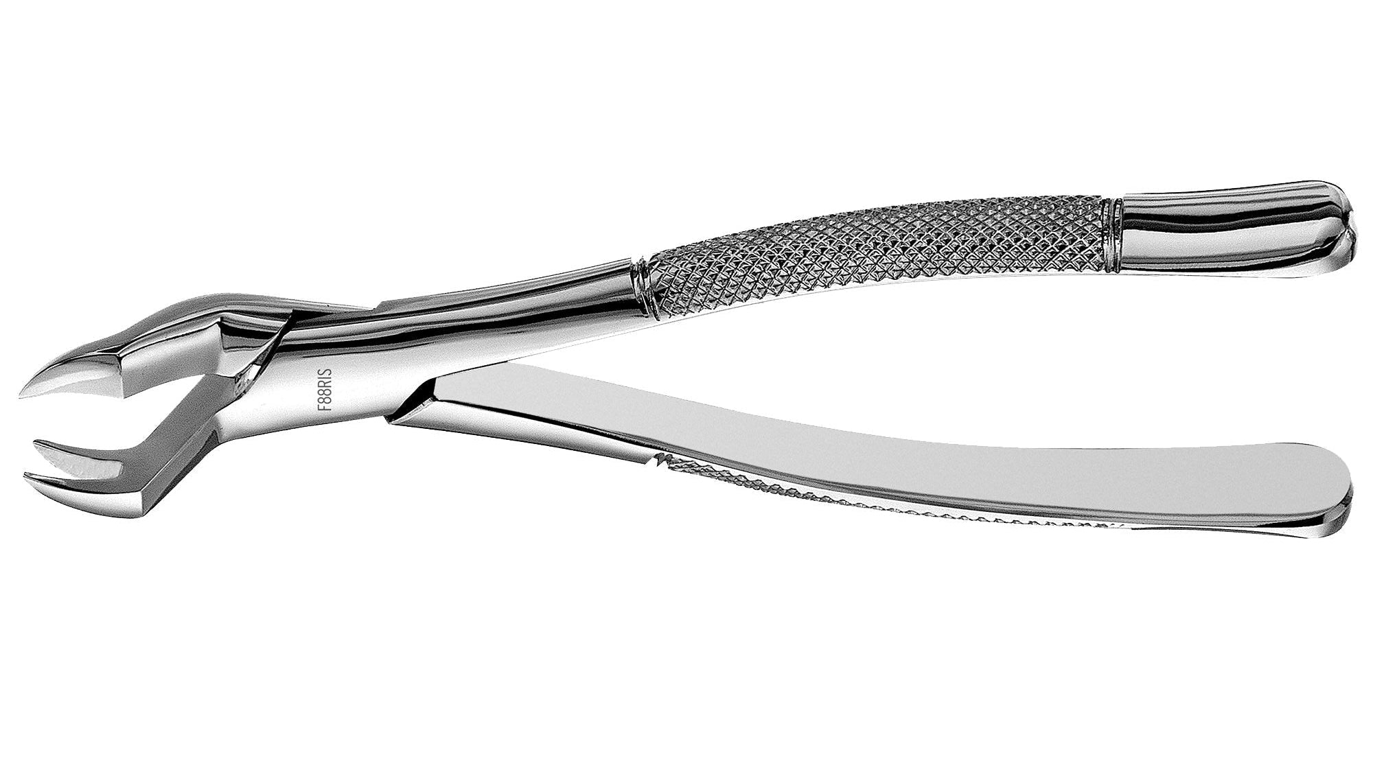 The Hu-Friedy Premium Atlas Extraction Forceps - Standard Beaks is a stainless steel dental instrument with a textured grip and curved beak, designed for tooth extractions. The forceps by Hu-Friedy are shown on a white background.