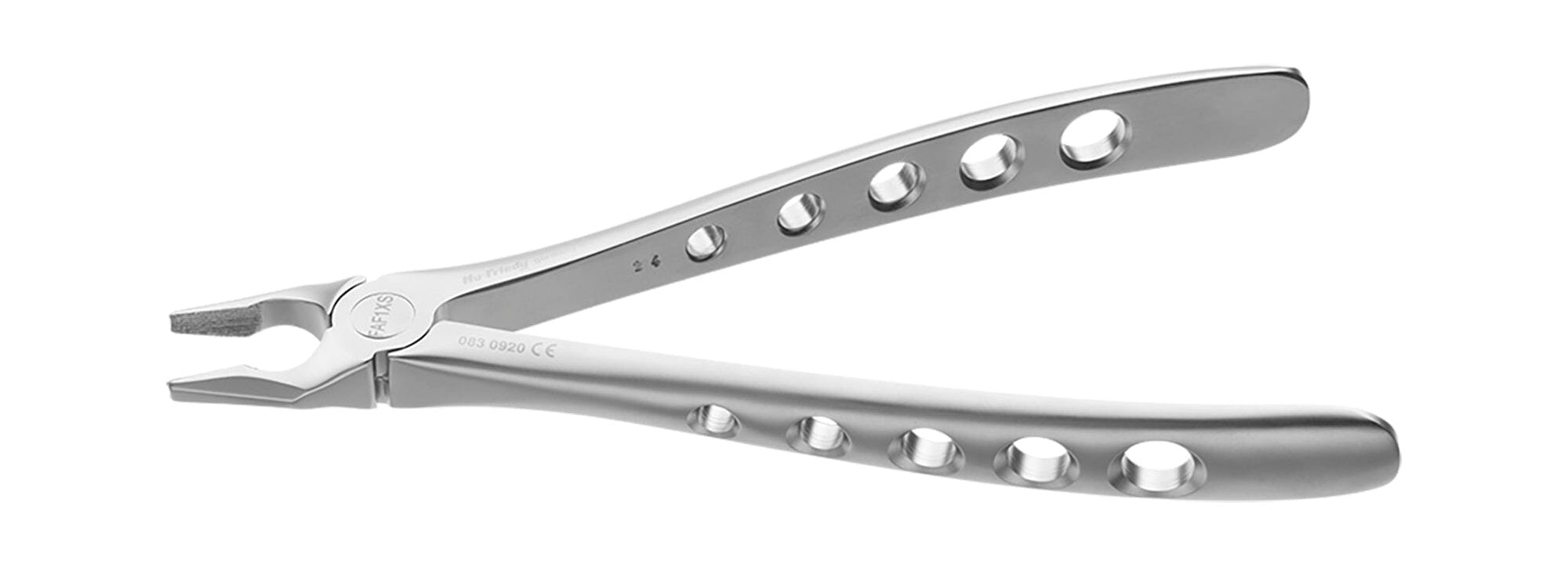 The Hu-Friedy Atraumair Diamond Dusted Atraumatic Extraction Forceps, featuring handle holes for grip and lighter weight, are shown on a white background.