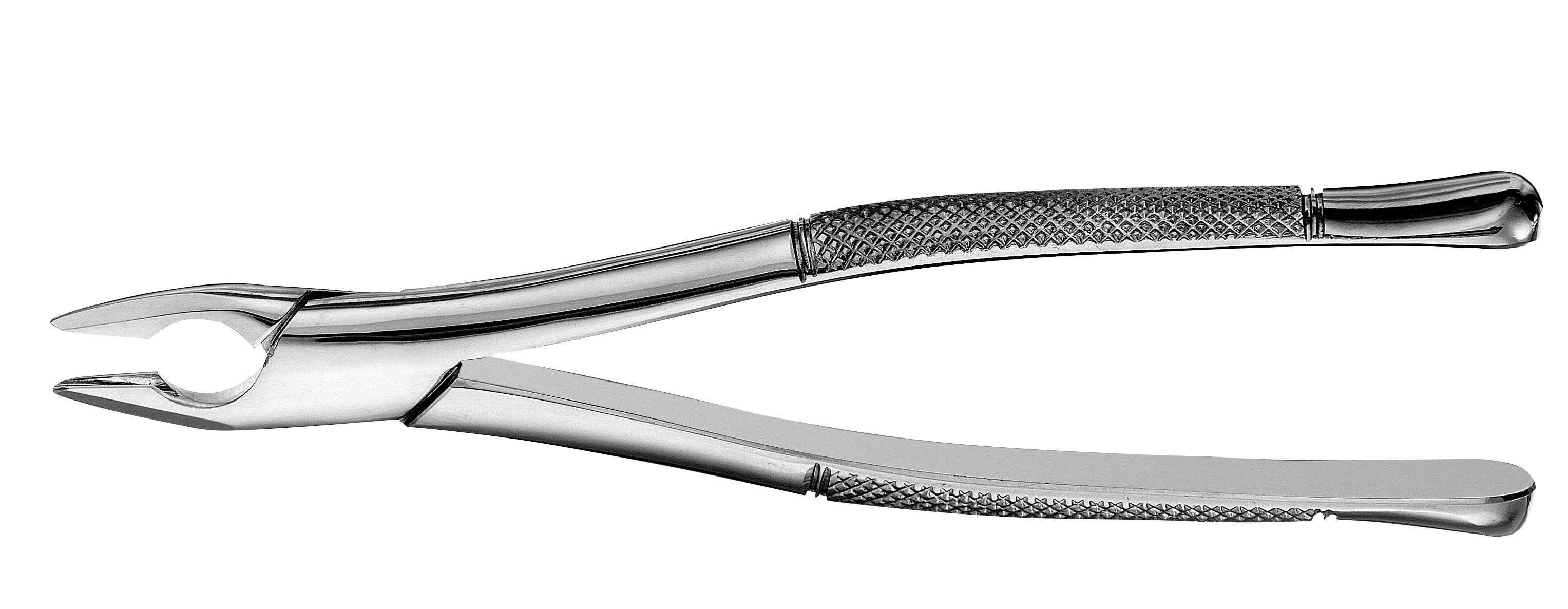 The Hu-Friedy American-Style Apical Extraction Forceps, by Hu-Friedy, features a shiny silver finish and textured handles, exemplifying essential dental extraction instruments against a white background.