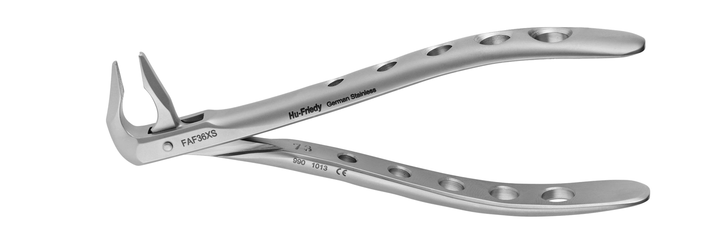 The Hu-Friedy Atraumair Extraction Forceps – Lower Arch is a stainless steel dental tool with curved, perforated handles and a pointed fork-like tip, ideal for lower extractions.