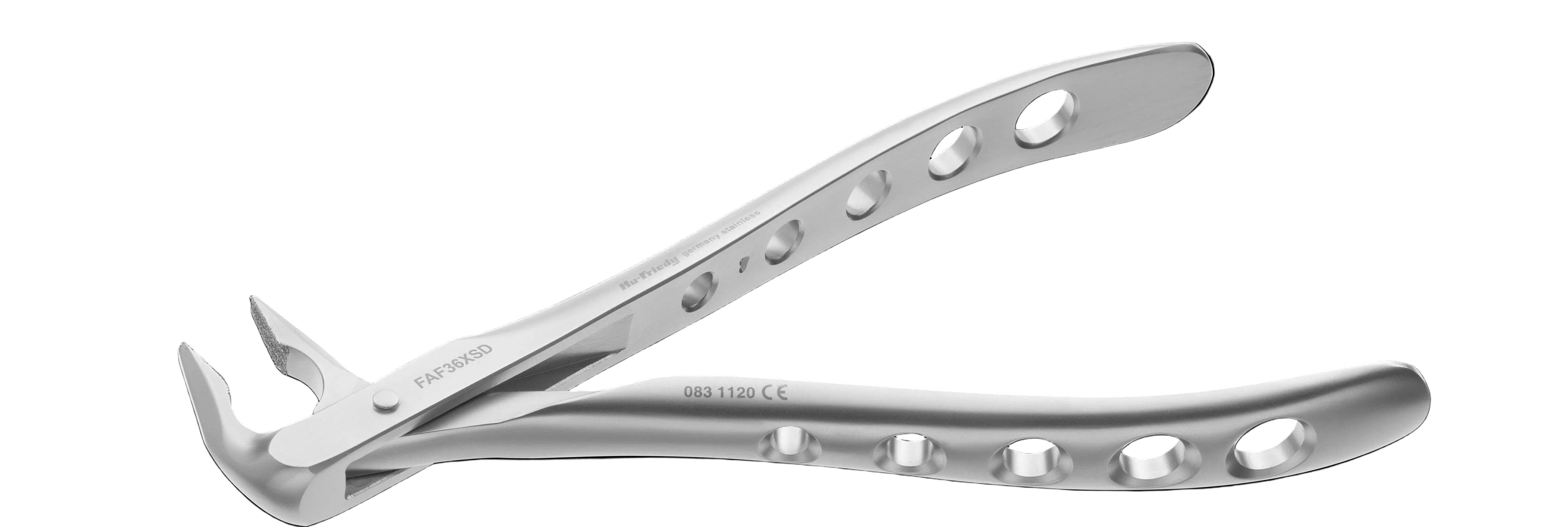 The Hu-Friedy Atraumair Diamond Dusted Atraumatic Extraction Forceps feature a stainless steel build, curved handle, and multiple circular cutouts along the arms, shown on a white background.