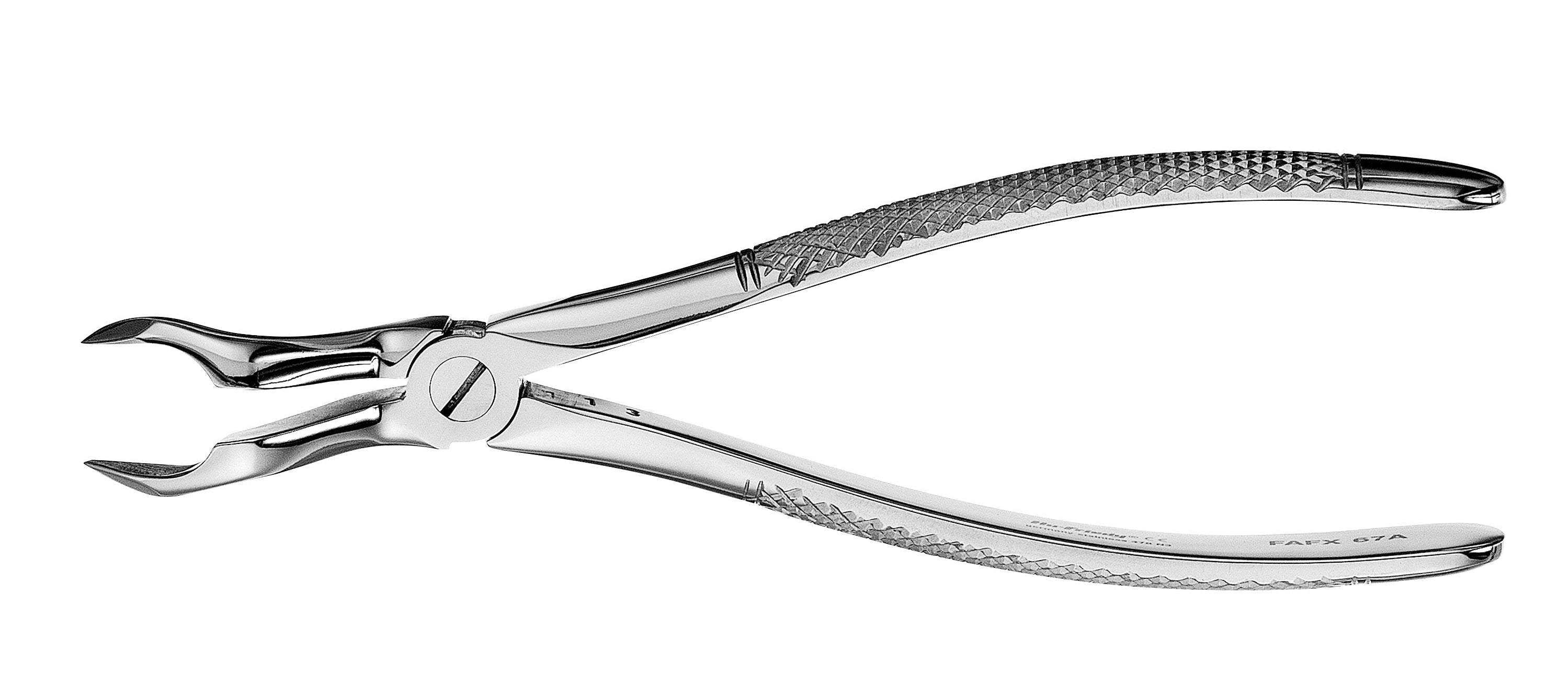 A close-up of Hu-Friedy Apical English Style Extraction Forceps, featuring textured handles and angled tips, specialized by Hu-Friedy for precise root removal in tooth extraction procedures.