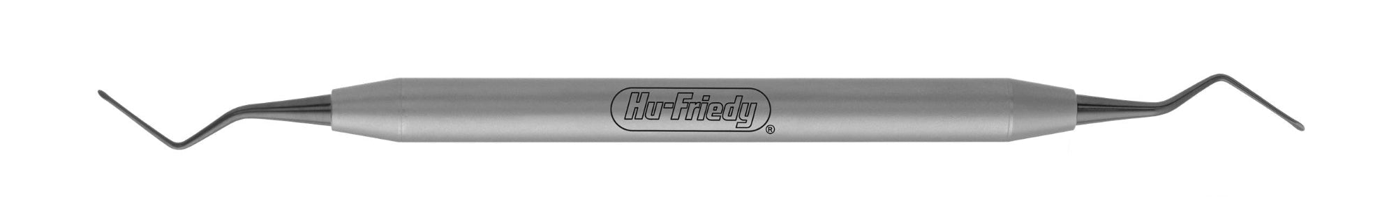 The Hu-Friedy GDQ Gilles De Quincey Tunneling Knife is a stainless steel dental tool with a cylindrical handle and angled tips, engraved with the Hu-Friedy brand, known for quality tunneling instruments.