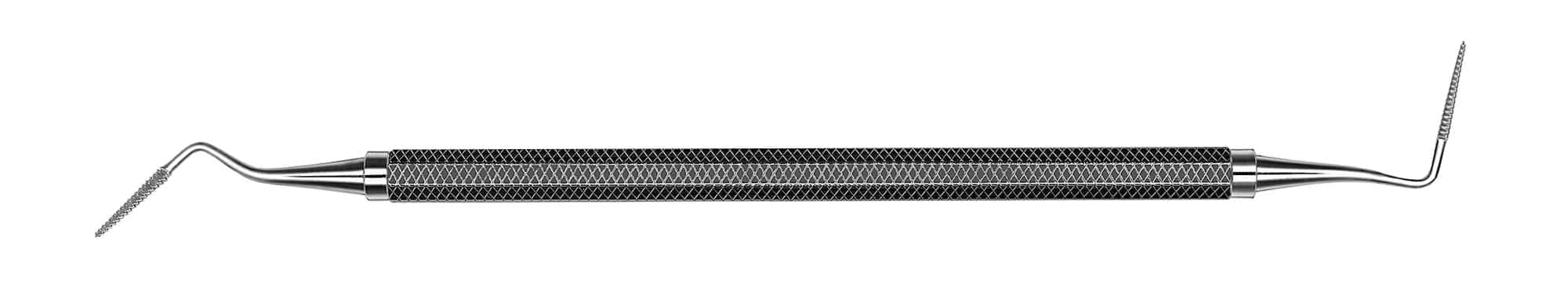 The Hu-Friedy Sugarman Periodontal Surgical Files by Hu-Friedy are metal dental instruments with textured handles and angled, dual-sided file tips for effective plaque removal and enhanced interproximal access.