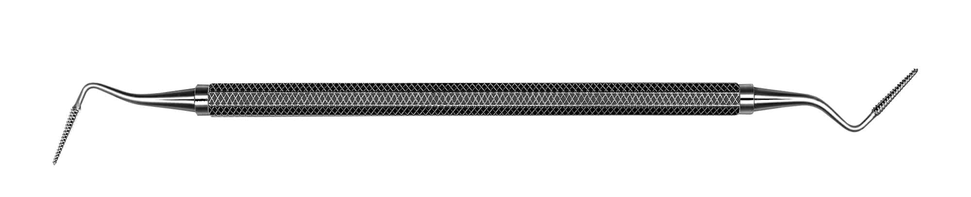 Close-up of a Hu-Friedy Sugarman Periodontal Surgical File, a double-ended metal tool with textured grip and hooked, dual-sided file tips for interproximal access—commonly used in periodontal procedures.
