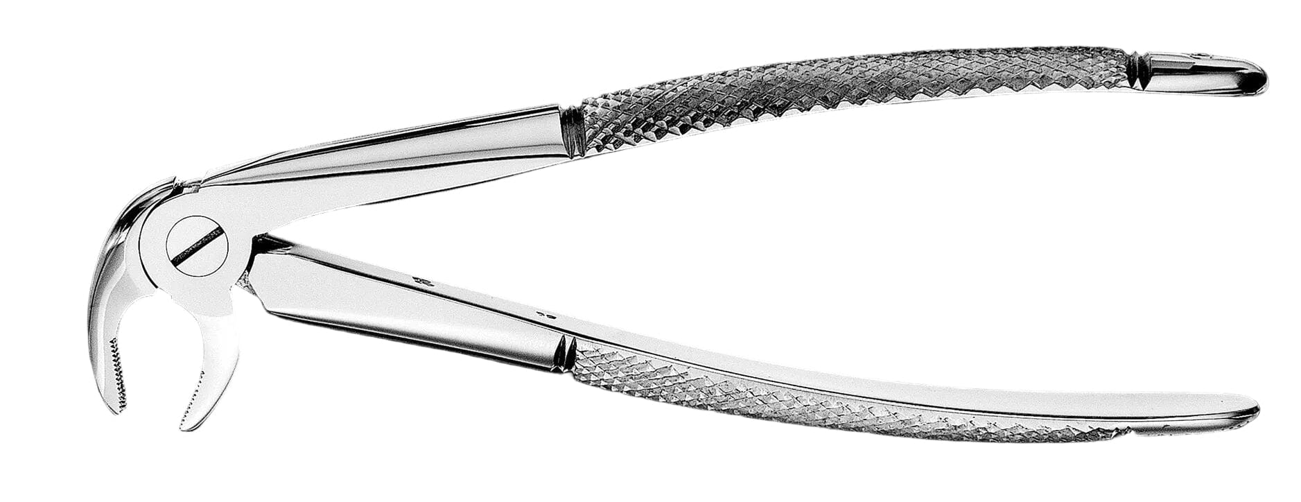 The Hu-Friedy European (English) Pattern Extraction Forceps by Hu-Friedy feature textured handles and a curved beak, making them ideal for dental tooth extraction procedures.