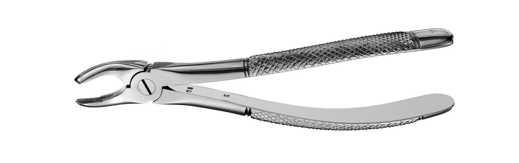 The Hu-Friedy European (English) Pattern Extraction Forceps by Hu-Friedy feature stainless steel, textured non-slip handles, and curved ends for tooth removal. Shown isolated on a white background.