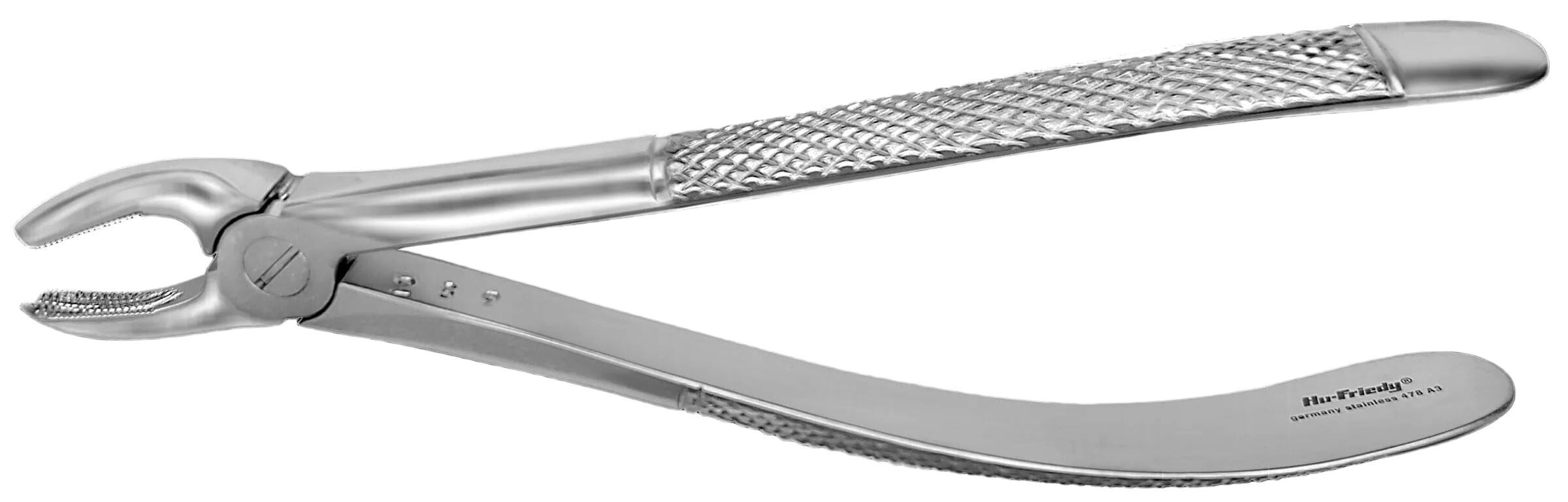 The Hu-Friedy European (English) Pattern Extraction Forceps by Hu-Friedy are stainless steel forceps with a textured grip handle, designed for tooth removal procedures.