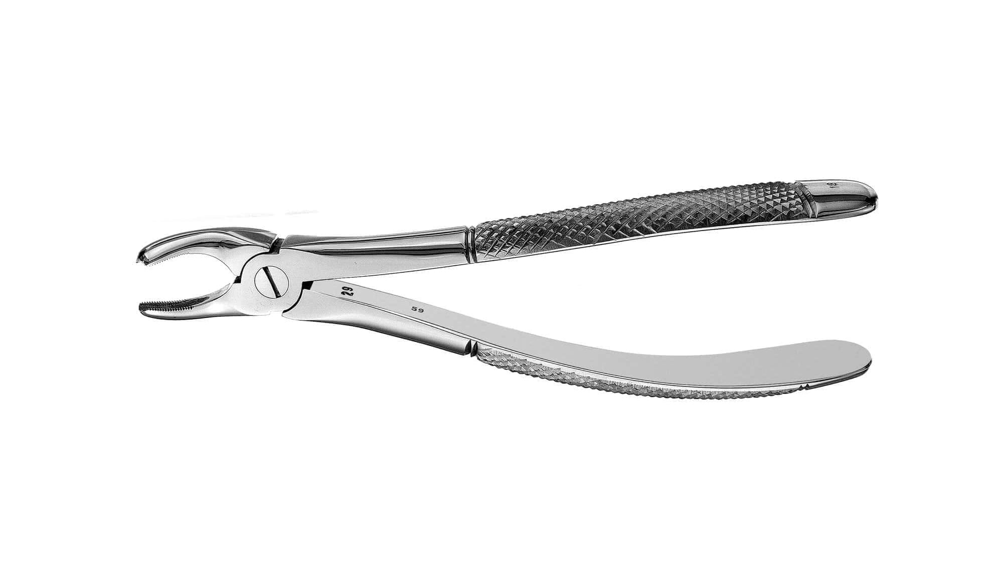 The Hu-Friedy European (English) Pattern Extraction Forceps, made of stainless steel with textured handles for enhanced grip and tooth removal, is displayed against a white background.
