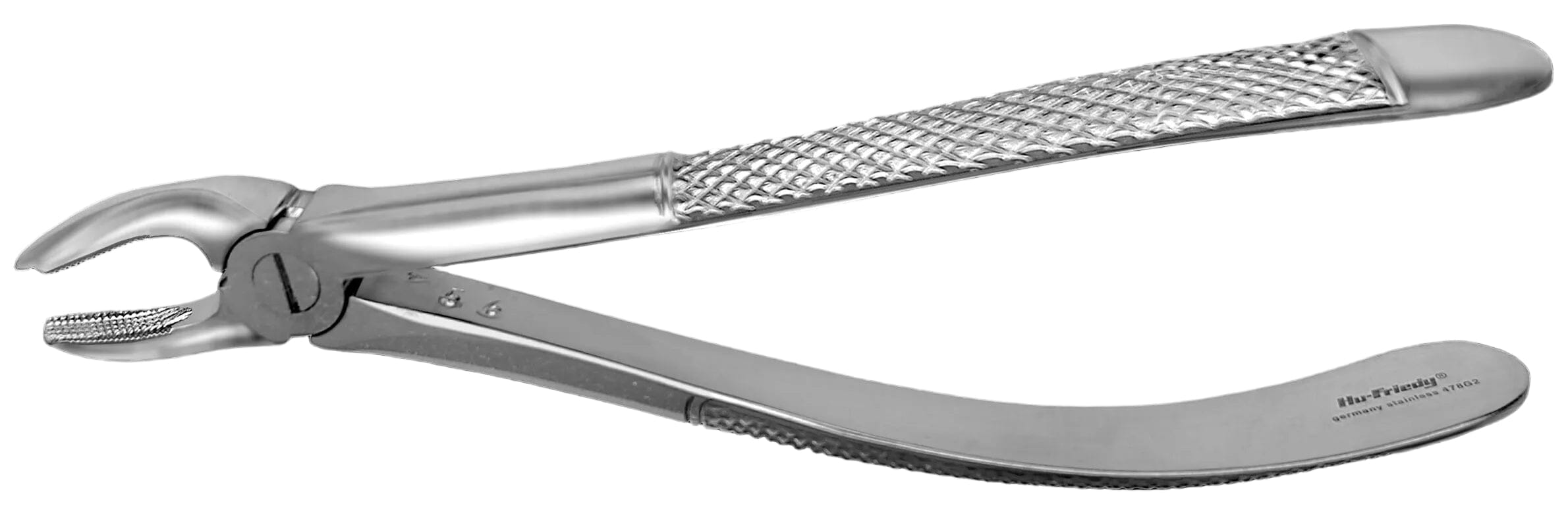 The Hu-Friedy European (English) Pattern Extraction Forceps by Hu-Friedy features textured, non-slip handles and a curved stainless steel design for efficient tooth removal.