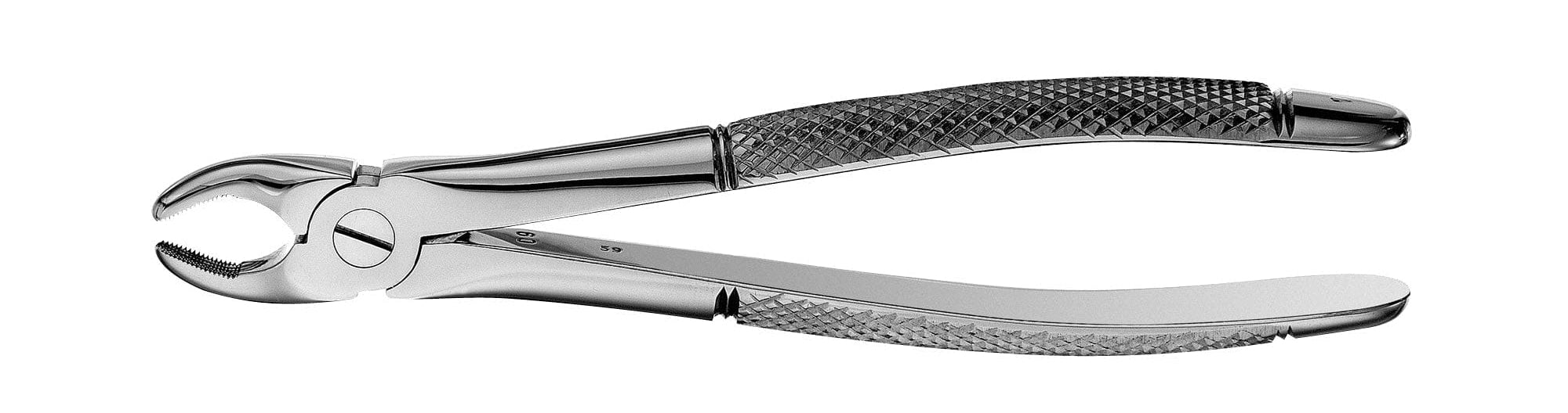 A shiny Hu-Friedy European (English) Pattern Extraction Forceps with textured handles is shown against a white background.