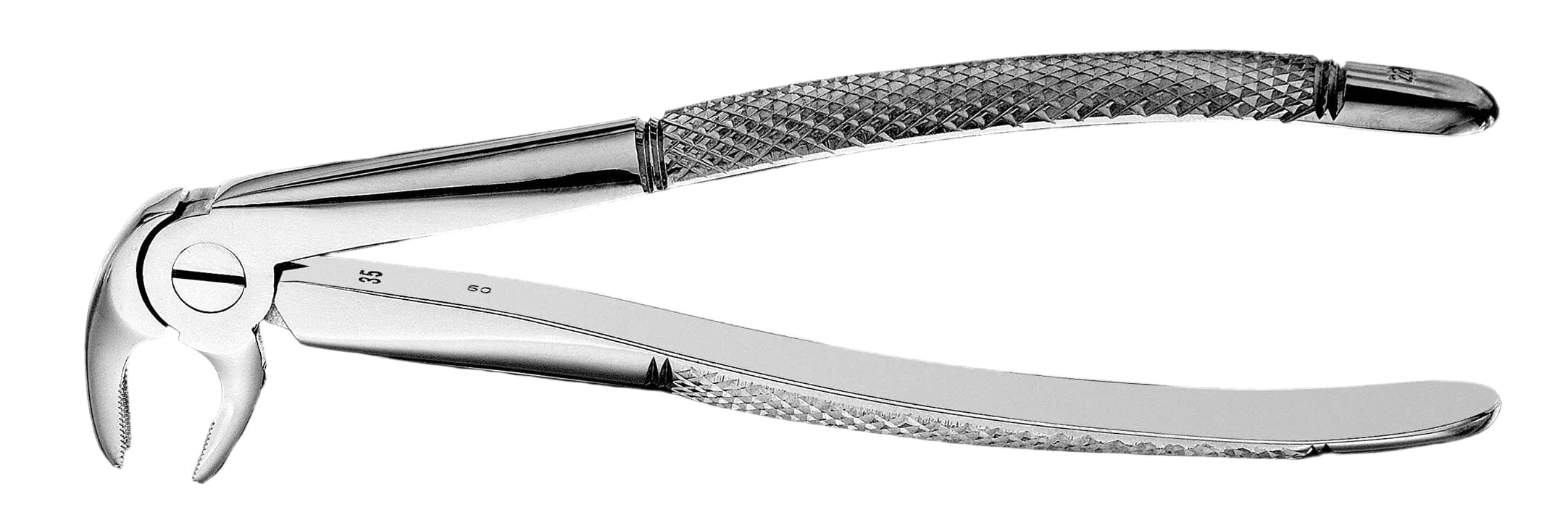 A close-up of Hu-Friedy European (English) Pattern Extraction Forceps with textured handles and a curved, beak-like grip, designed by Hu-Friedy for tooth removal.