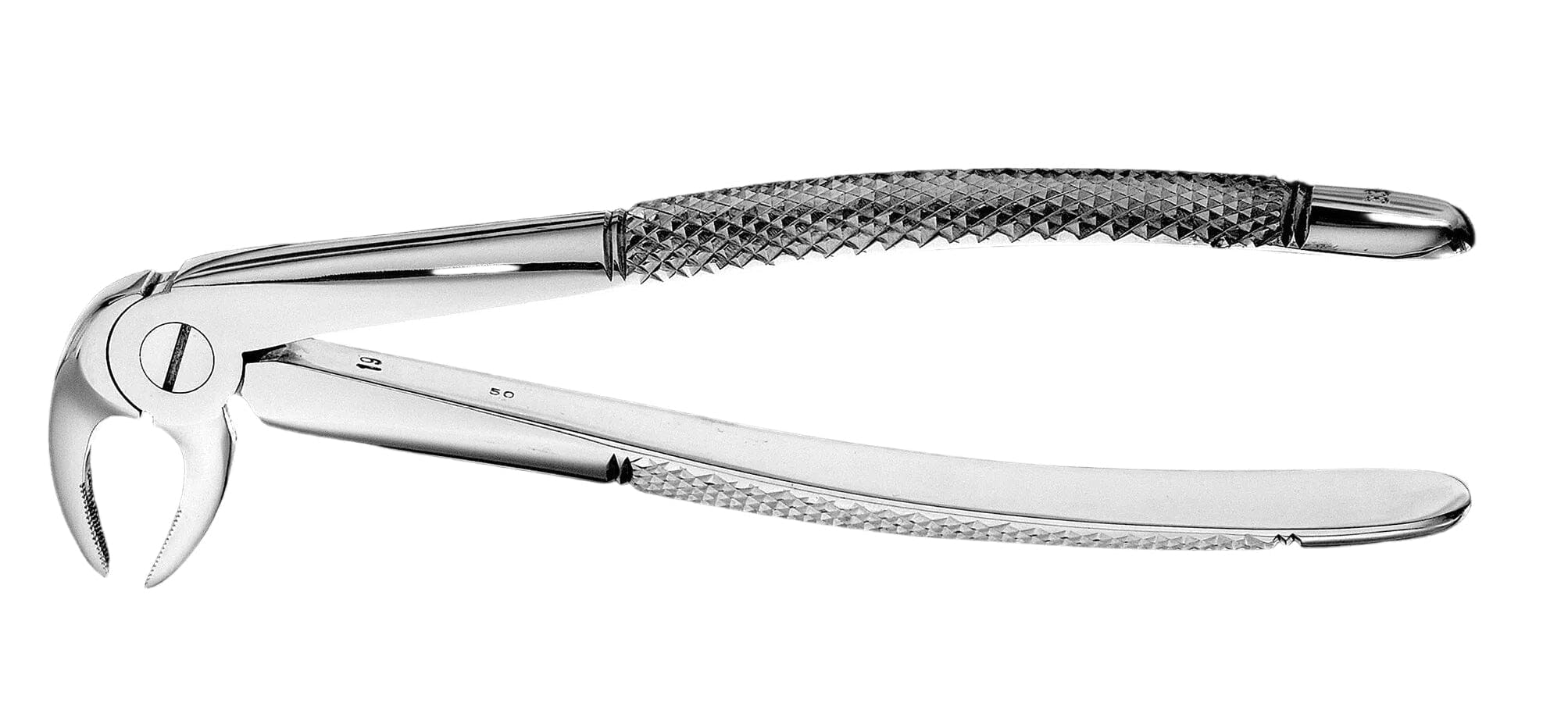 The Hu-Friedy European Style Roots Forceps, made from surgical-grade stainless steel with textured handles and a curved beak, are ideal for comfortable and efficient tooth extraction.
