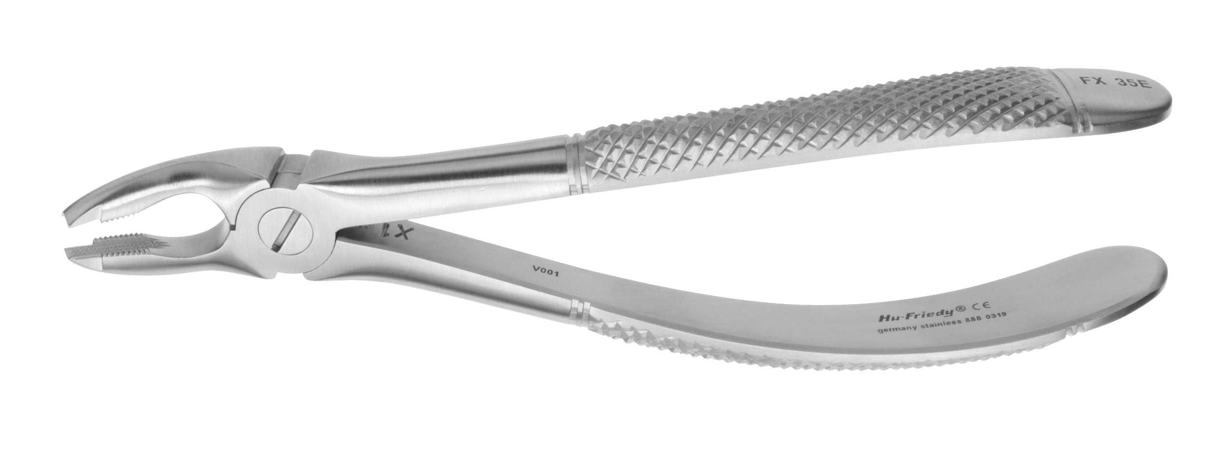 The Hu-Friedy European (English) Pattern Extraction Forceps feature textured grip handles, a curved handle, and a grooved beak for tooth extractions. Shown against a white background. Brand: Hu-Friedy.