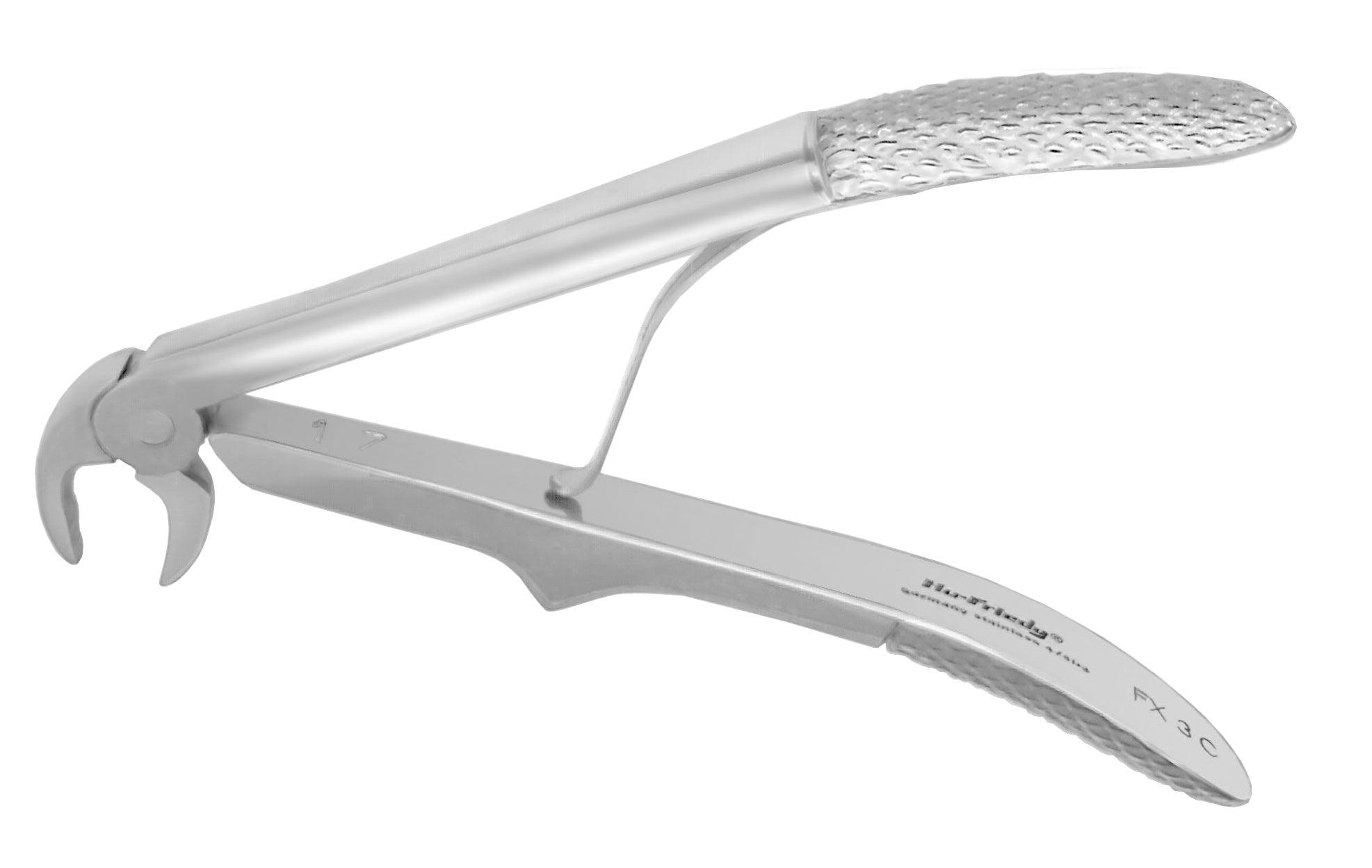 The Hu-Friedy Kinder European Pediatric Root Forceps (English Pattern) by Hu-Friedy are metal dental forceps with textured handles, a curved jaw, and a spring mechanism, designed for secure gripping and extraction of pediatric tooth roots.