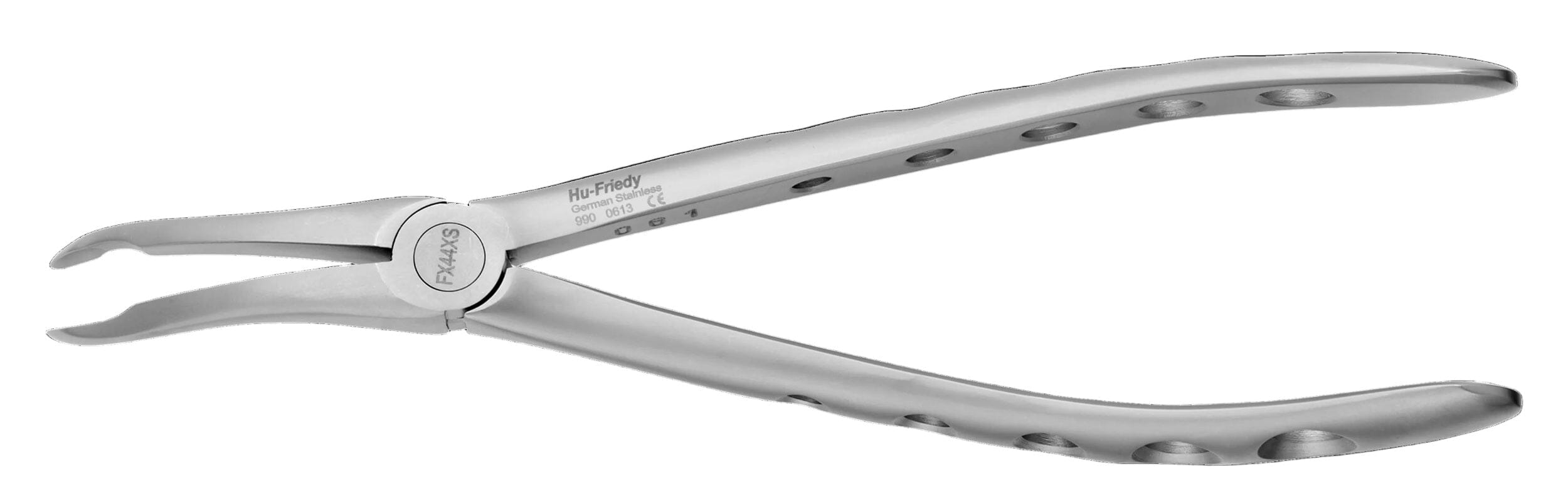 The Hu-Friedy Atraumair Extraction Forceps – Upper Arch is a stainless steel dental tool with a textured handle and curved beaks, designed for atraumatic tooth removal in the upper arch.