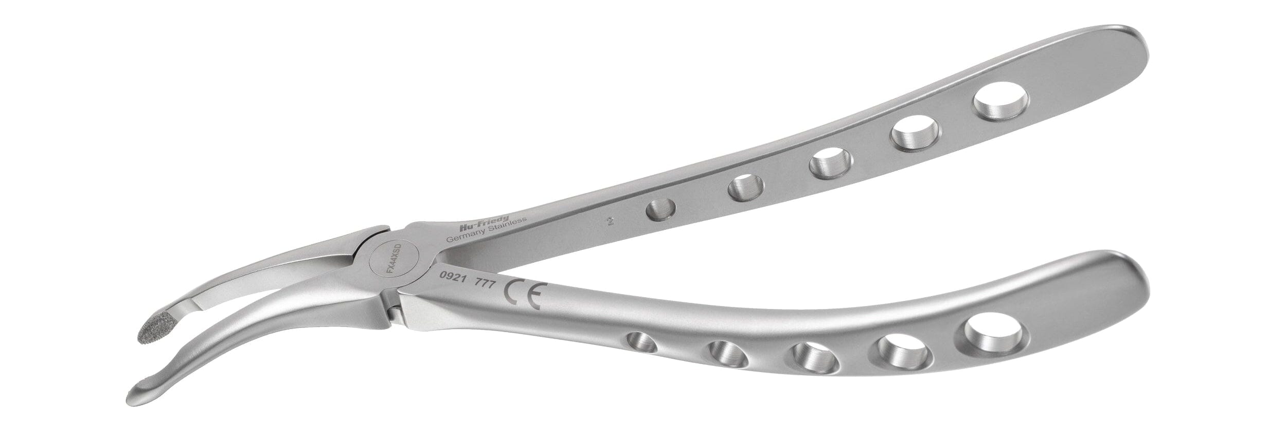 The Hu-Friedy Atraumair Diamond Dusted Atraumatic Extraction Forceps features stainless steel, curved handles, and circular holes for grip and reduced weight, shown on a white background.