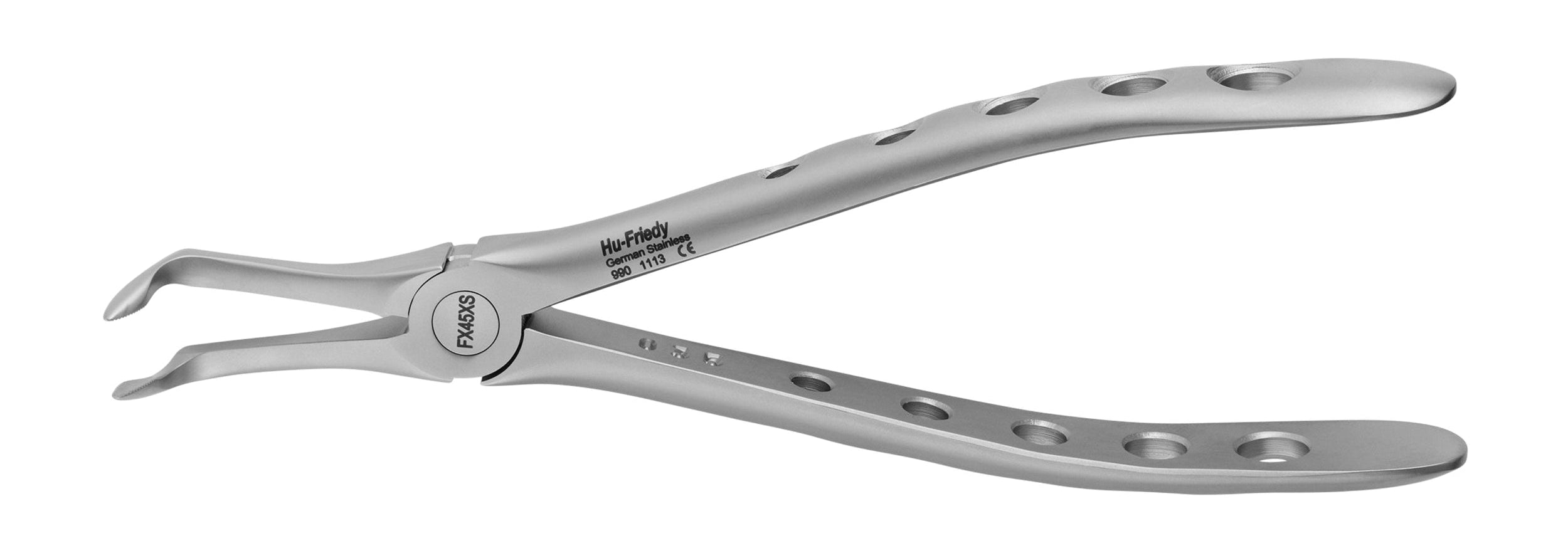 The Hu-Friedy Atraumair Extraction Forceps – Lower Arch features curved, serrated tips and perforated handles for improved grip, ideal for lower extractions. Photographed on a white background.