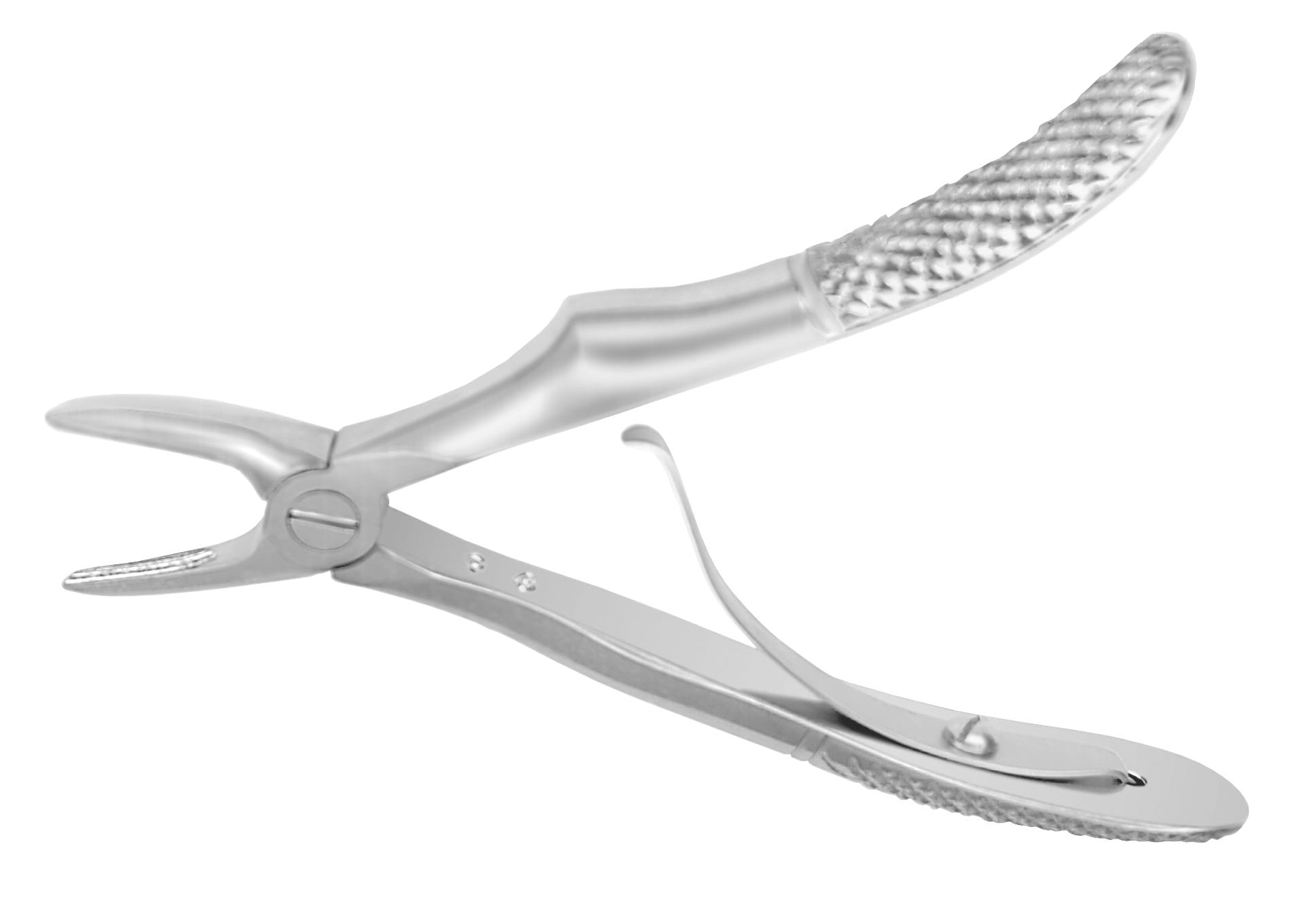 The Hu-Friedy Kinder European Pediatric Extraction Forceps, made of stainless steel with textured handles for secure grip, are designed for primary teeth extraction and are shown open against a white background.