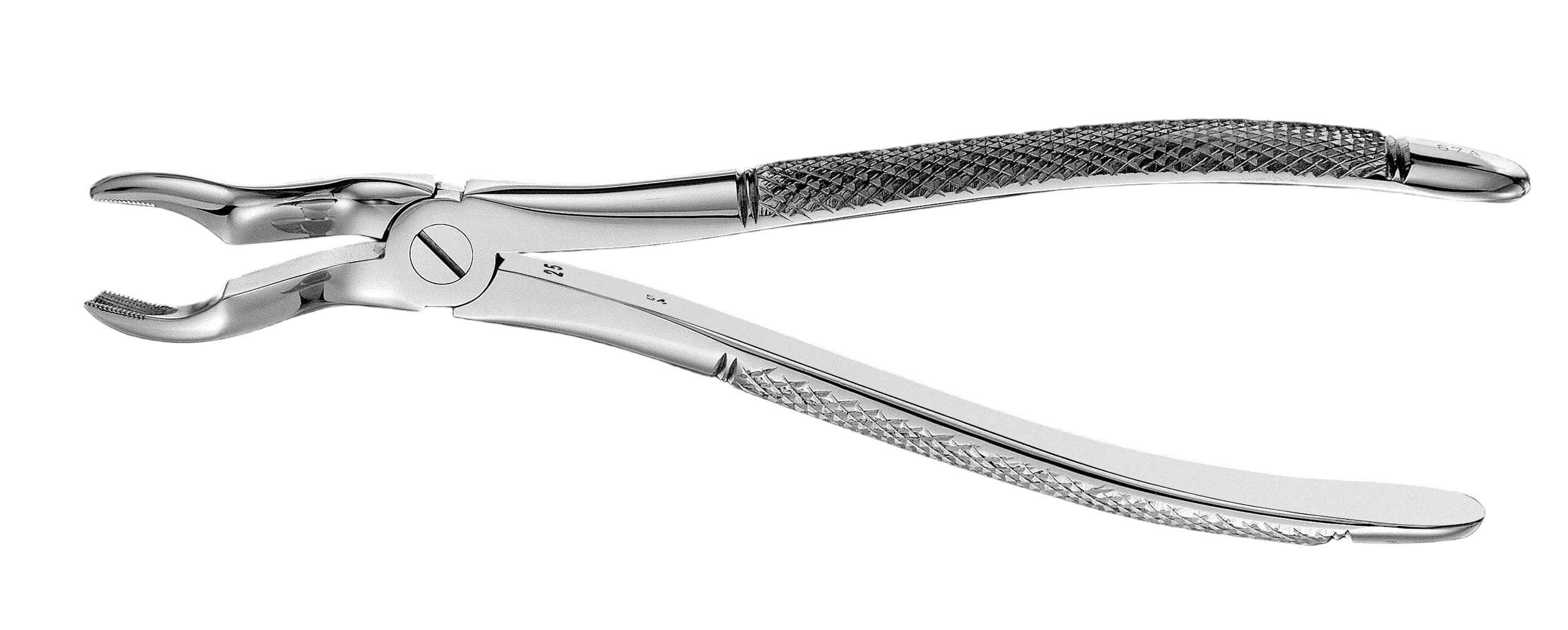 The Hu-Friedy European (English) Pattern Extraction Forceps, made of stainless steel with textured curved handles and a beak-shaped tip for tooth removal, is shown against a white background.