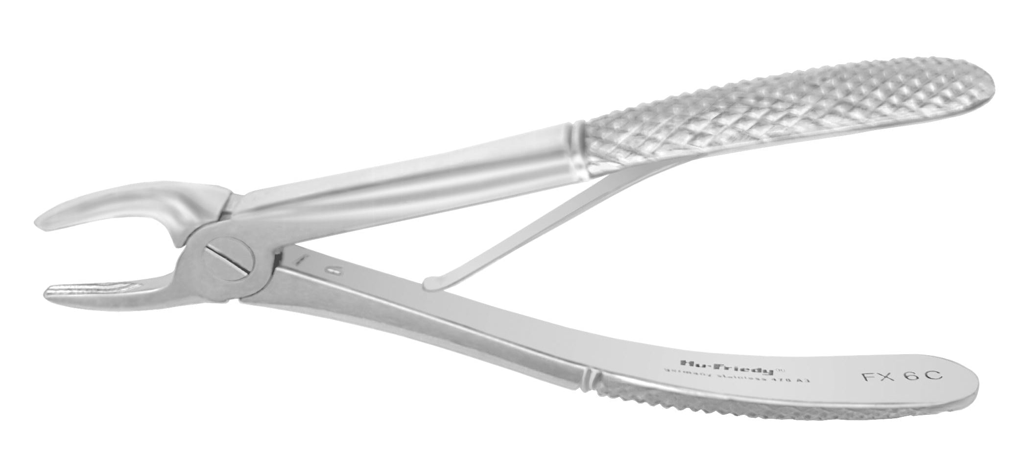 The Hu-Friedy Kinder European Pediatric Extraction Forceps features a textured grip handle and curved, beak-like tip, designed for atraumatic extraction of primary teeth.
