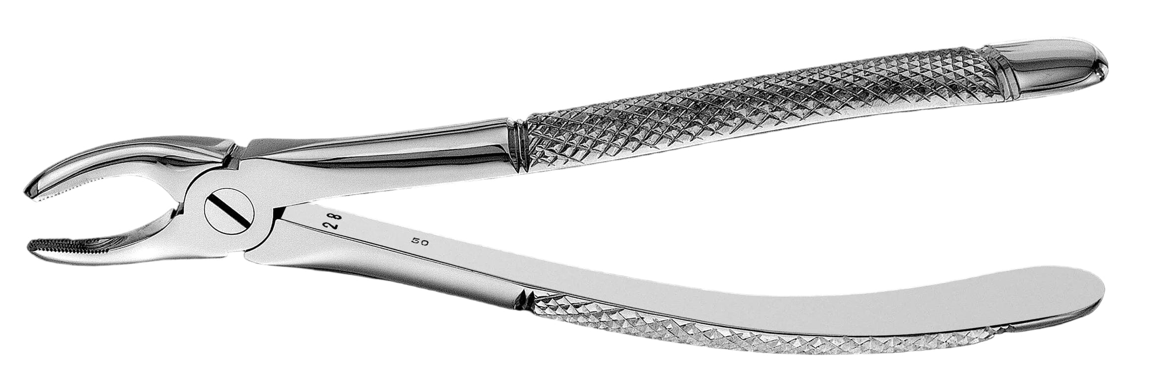 The Hu-Friedy European (English) Pattern Extraction Forceps are stainless steel, feature textured handles and a curved beak-shaped tip, and are designed by Hu-Friedy for efficient tooth extraction.