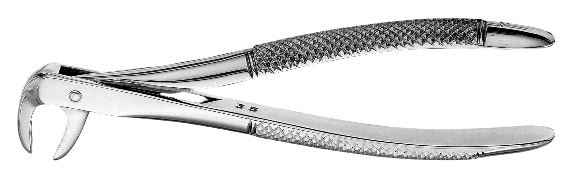A detailed view of Hu-Friedy European (English) Pattern Extraction Forceps featuring textured handles and curved beaks, crafted by Hu-Friedy for a secure grip and efficient tooth extraction.