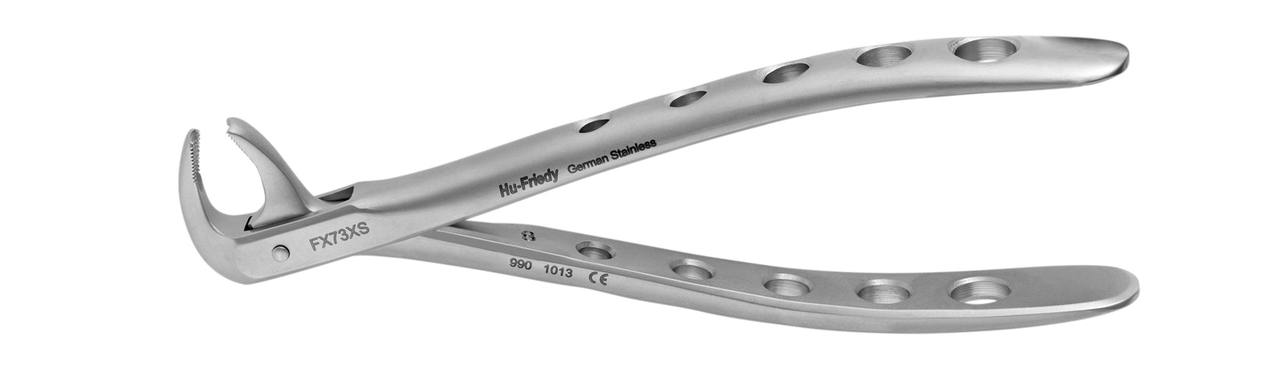 The Hu-Friedy Atraumair Extraction Forceps – Lower Arch by Hu-Friedy features a curved handle, notched tip, and handle holes for lower extractions. Stainless steel with engraved markings ensures precision and durability.