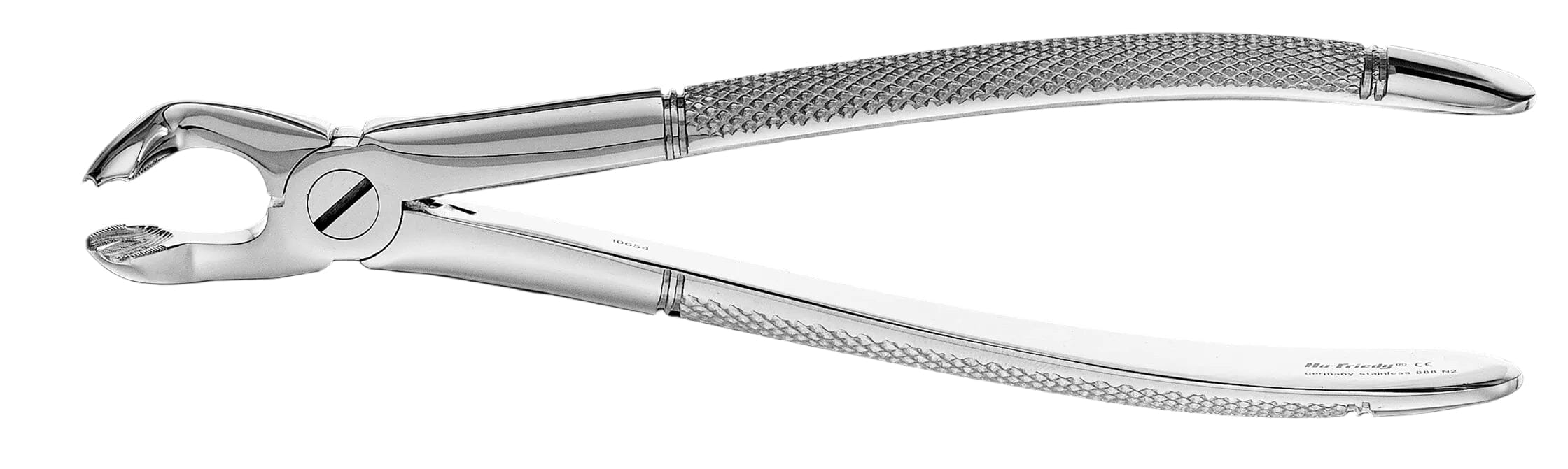 The Hu-Friedy European (English) Pattern Extraction Forceps feature a shiny stainless steel build, textured handles, and a curved beak-like tip for secure gripping, showcased against a white background.