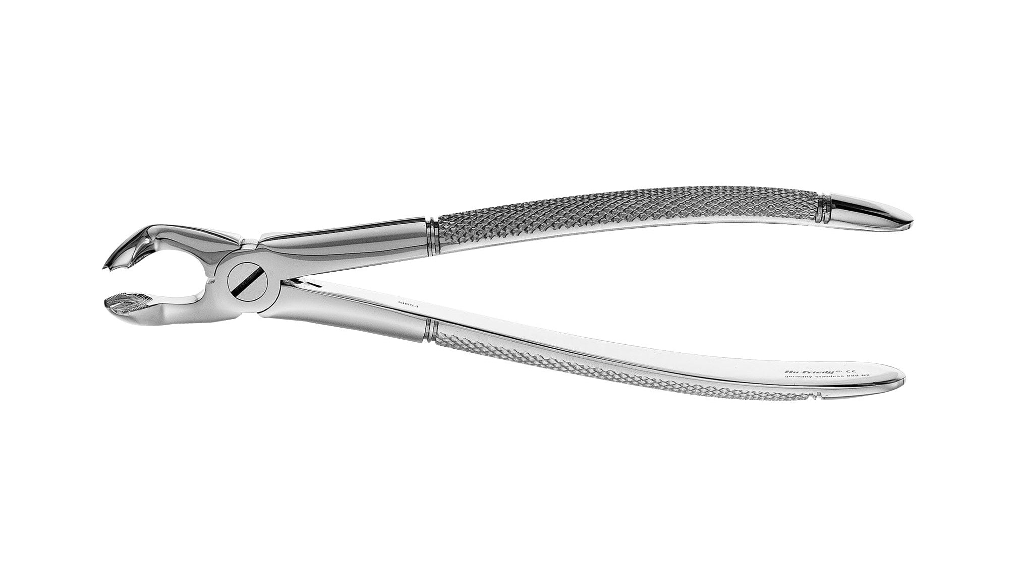 The Hu-Friedy European (English) Pattern Extraction Forceps are shiny metal forceps with textured handles, designed for tooth removal. Shown on a white background. Brand: Hu-Friedy.