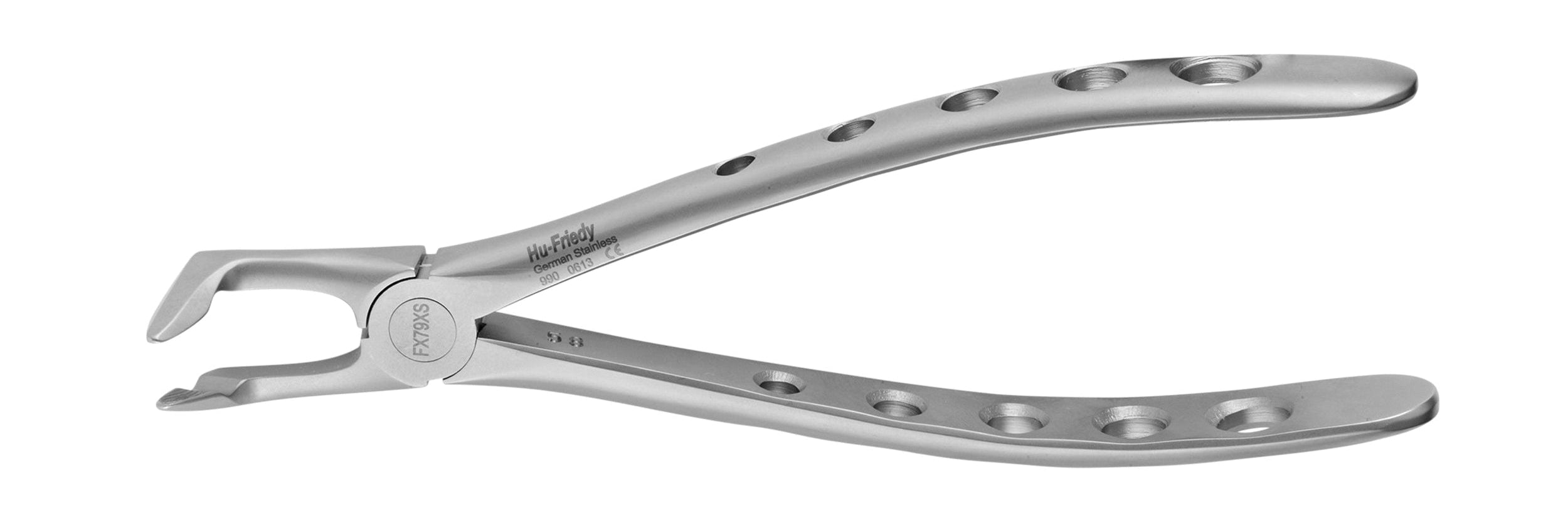 The Hu-Friedy Atraumair Extraction Forceps – Lower Arch features a curved, grooved handle with circular cut-outs and a beaked tip for secure tooth gripping during lower arch extractions.