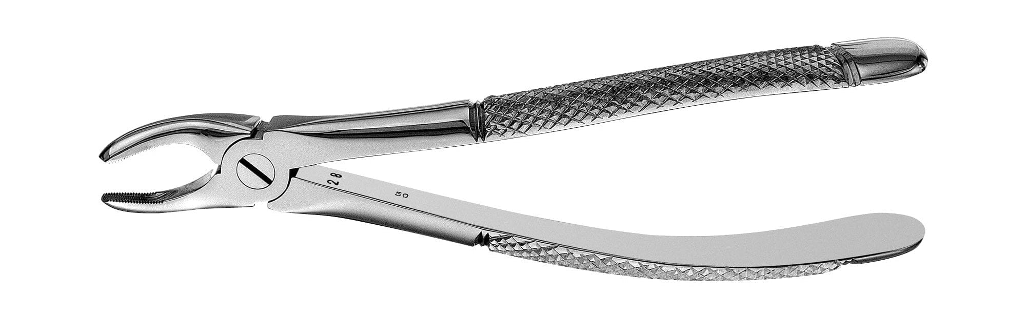The Hu-Friedy European (English) Pattern Extraction Forceps, by Hu-Friedy, feature a textured handle and curved beak, ideal for dentists performing tooth extractions.
