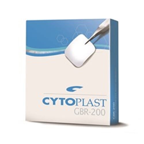 A box of Osteogenics Cytoplast GBR-200 Original dPTFE Membrane, with blue and white packaging featuring a non-resorbable membrane held by tweezers for guided bone regeneration.