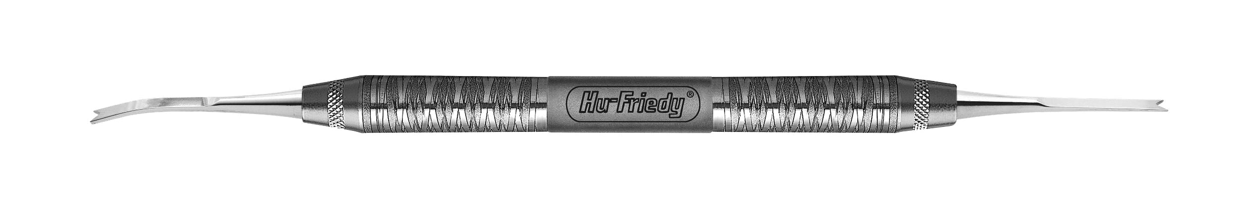The Hu-Friedy Gauze Packers by Hu-Friedy is a double-ended oral surgery tool with textured grips and metal tips—one curved, one flat—used for gauze packing or aiding hemostasis.